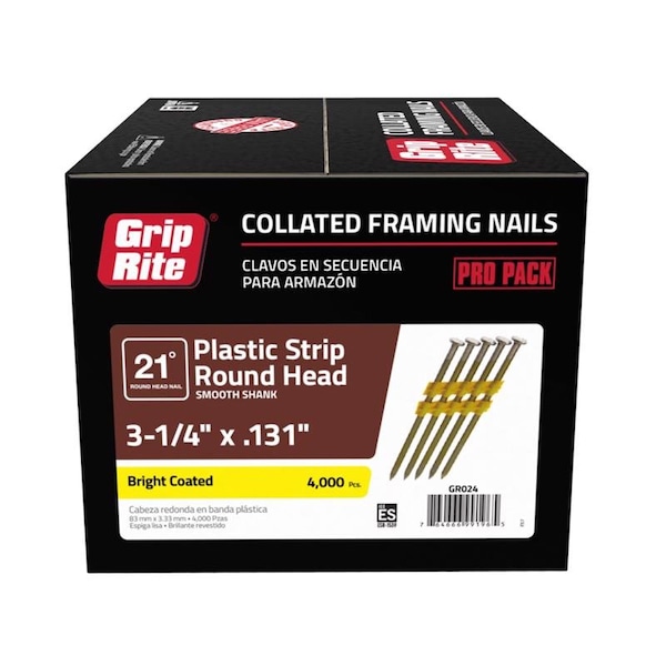 GripRite Collated Framing Nail, 31/4 in L, 10.25 ga, Bright, Round
